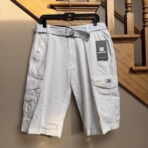 Akademiks Mens Cargo Shorts White Belted Size 34 Cotton Casual Summer Gorpcore